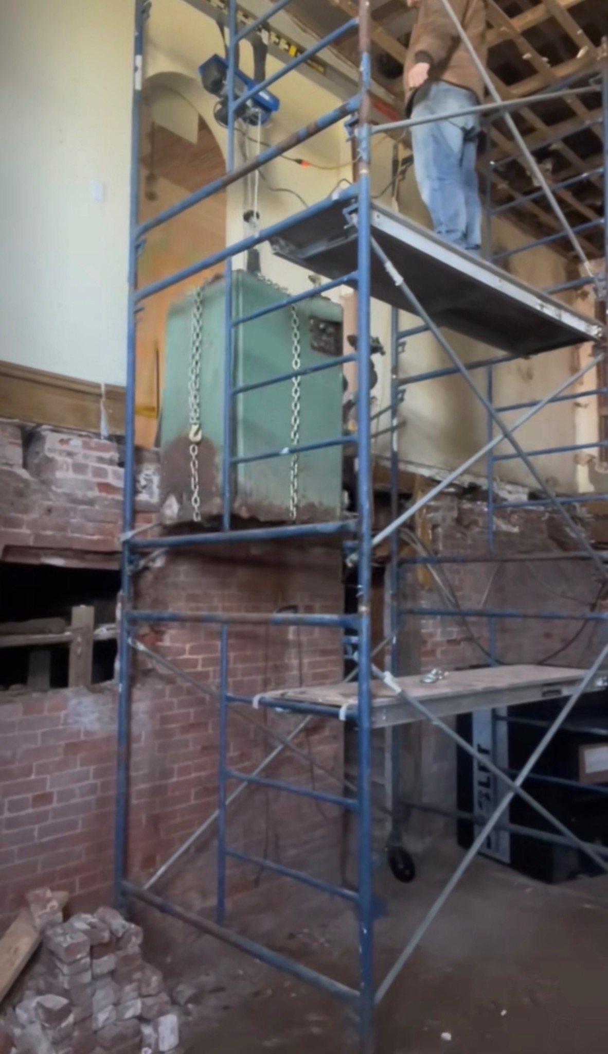Multi-level structural restoration work inside the Mont-Carmel Parish House
